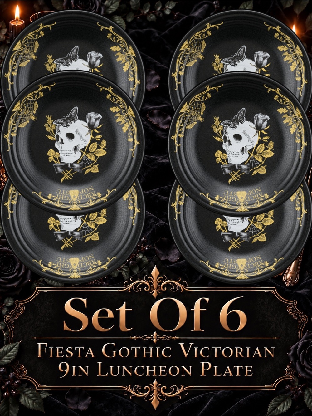 *NEW* Fiesta Gothic Victorian Black & Gold Skull Luncheon Plate - Set of 6